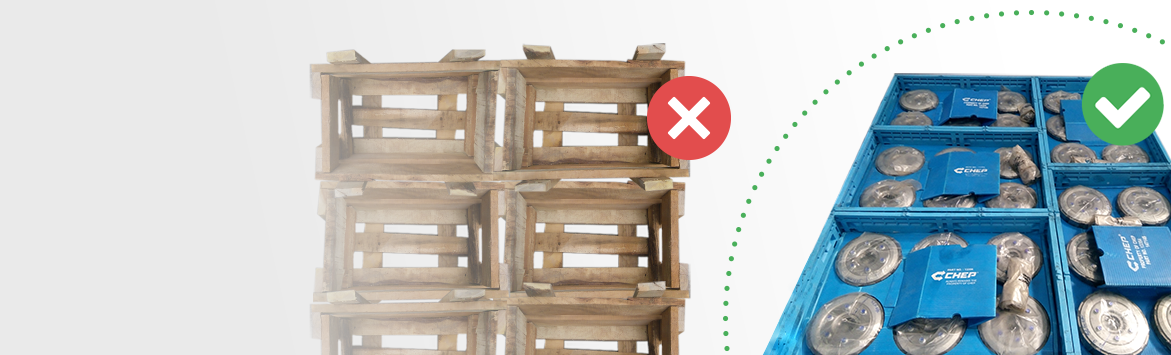 A banner image featuring multiple old wooden crates compared to multiple CHEPs sustainable blue RPCs. The wooden crates feature an 'X' whilst the CHEP RPCs feature a tick. The composition aims to illustrate CHEP's RPCs as a sustainable, preferred form of crate. The content is over a grey to white gradient background.