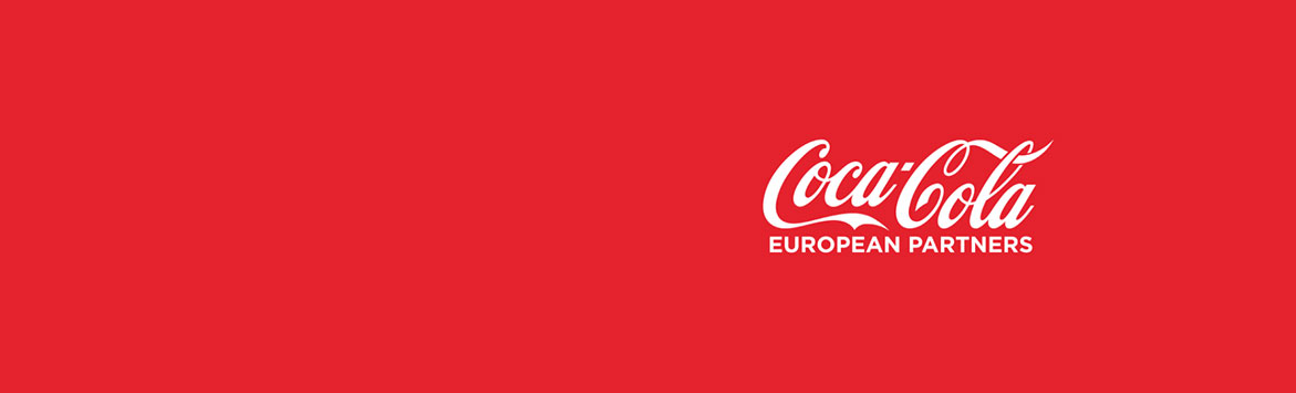 A banner image featuring the Coca Cola logo with the text, European Partners' text beneath it. This content is on the Coca Cola red background