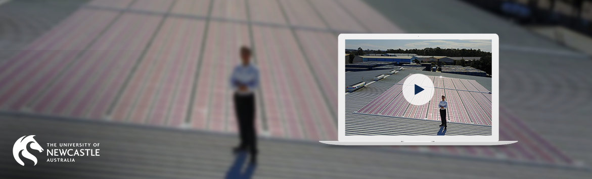 A banner image features a Macbook consisting of a screen capture from the 'New printed solar technology' video. The screen capture consists of a man standing on a colourbond like roof in front of some solar panels. The mentioned content is overlaid on a blurred version of the same capture used on the Macbook. On the bottom right of the composition is the 'University of Newcastle Australia' logo in white