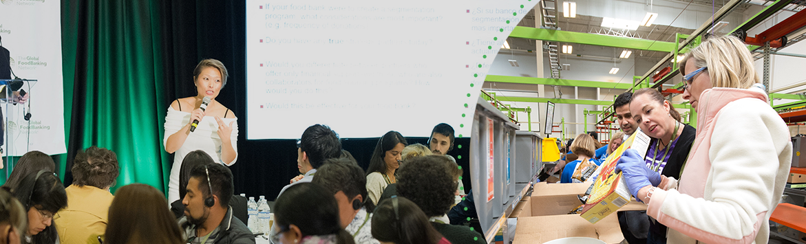 A banner image featuring a split layout. On the left is a photograph of a standing, middle age, asian lady speaking into a microphone at a talk event. To the right of the layout is a photograph of two caucasian ladies working together observing a cardboard product in a warehouse environment.