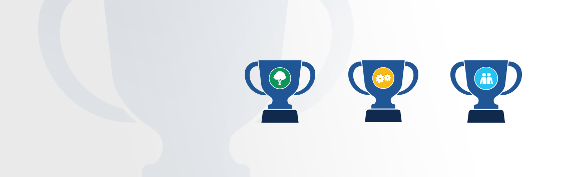 A banner image featuring three blue, flat, illustrative trophies each consisting of one of the 3 Sustainability Frameworks, Better Business, Better Planet, and Better Communities, each with their respective icons. This content is overlaid on a grey to white gradient background.