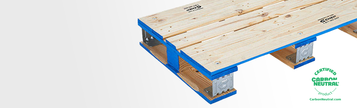 A banner image consisting of a close-up graphic of a wooden Chep pallet along with the 'Certified Carbon Neutral' badge and the bottom right of the composition. This content is overlaid on a grey to white gradient background.