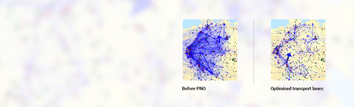 The banner image illustrates a comparison between the transport routes taken before and after the Plant Network Optimisation. The before image seems a lot messier and busier than the after image, denoting how sustainably effective the Plant Network Optimisation is.