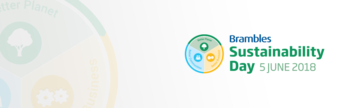 A banner image of a featuring the Brambles Sustainability Day 2018 logo. The logo consists of the text, Brambles Sustainability Day 5 June 2018, beside the Brambles Sustainability Framework graphic being a circle shape split into three sectors each consisting of of either Better Business, Better Planet, Better Communities with their respective icon. This content is on a white background.