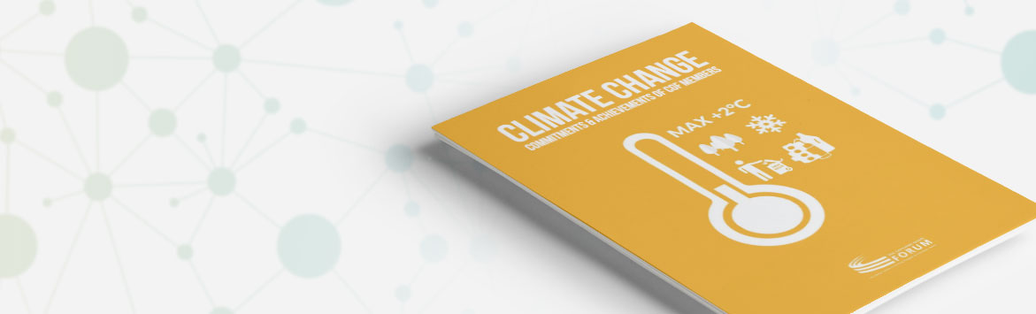A banner image consisting of a Consumer Goods Forum (CGF) booklet featuring best practice climate change case studies. The gold-like colour booklet features some white, flat illustration and text. The booklet is on a white background.