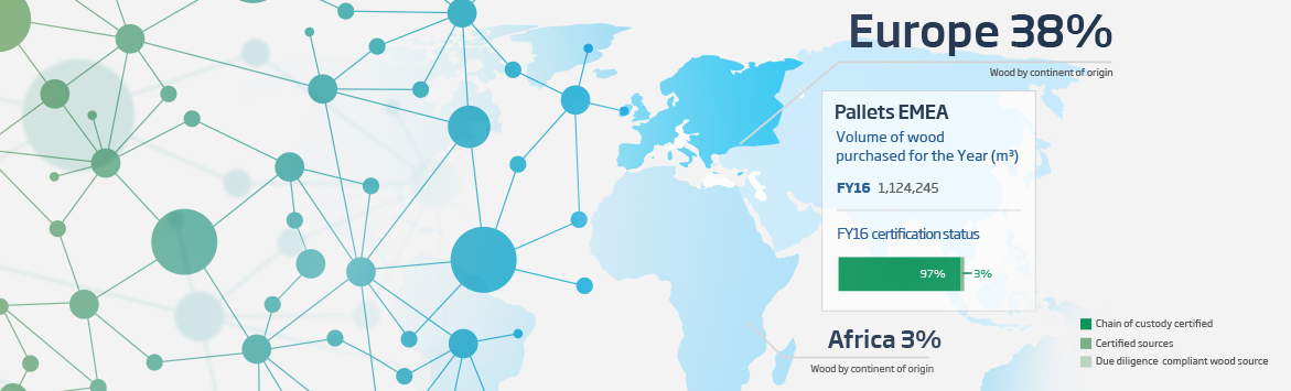 A banner image featuring a sky blue flat, illustrative map of the Europe region along with details regarding the Pallets EMEA region. The map is beside a green network of nodes.