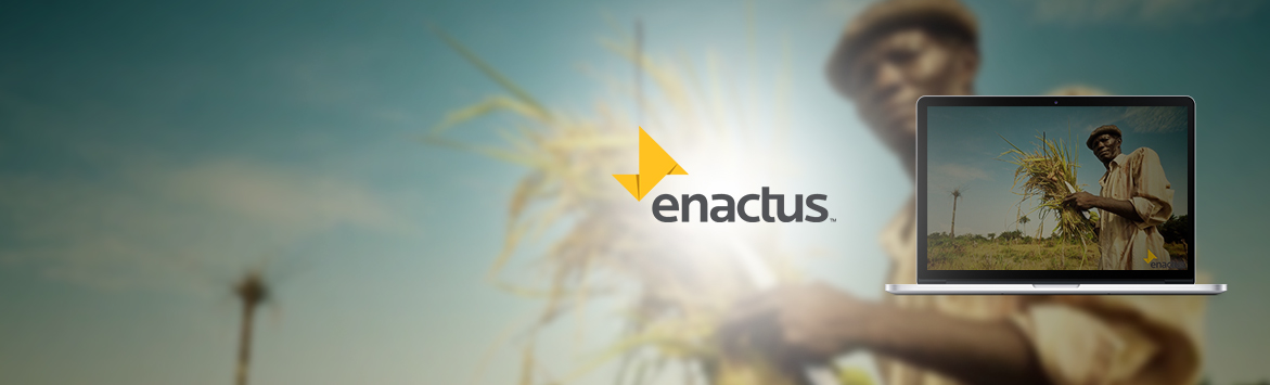 A banner image featuring a Macbook consisting of a screen capture from the 'Brambles supports Enactus' video. The capture is a medium shot of an African man holding hay. Beside the Macbook is the Enactus logo. The mentioned content is overlaid on a blurred version of the same capture used on the Macbook.