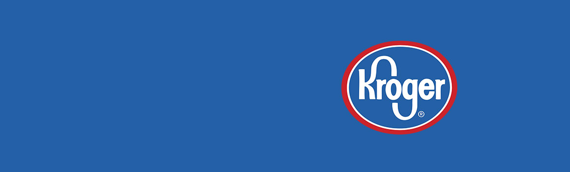 A banner image featuring the Kroger logo over a blue background.