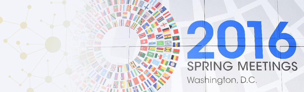 A banner image of a photograph of a wall banner dedicated to the World Bank’s 2016 spring meetings in Washington D.C.