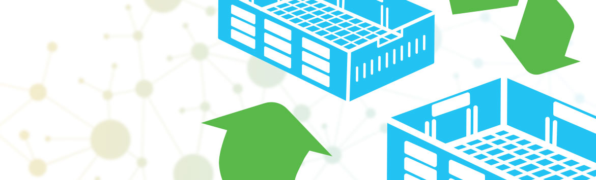 A banner image of a flat, illustrative diagram illustrating the recyclability of CHEPs RPCs. This is achieved through two RPCs above one another between to green 'recycle' arrows.