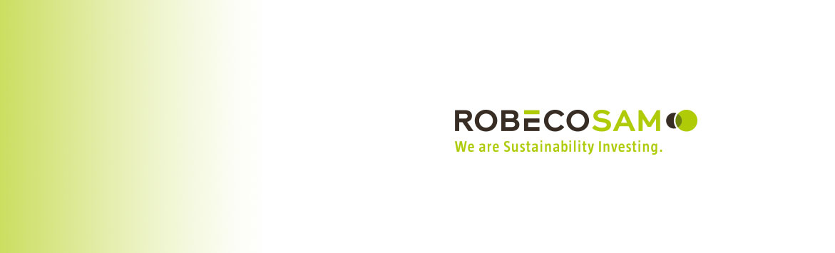 A banner image of the RobecoSam logo over a white to lime green gradient background.