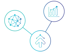 A network icon with three featured statistical icons