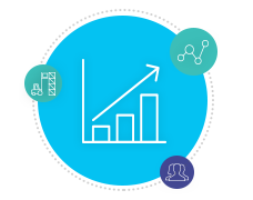 Blue gradient bar graph inside of circle brand graphic surrounded by a forklift and network icon