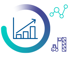 Blue gradient bar graph inside of circle brand graphic surrounded by a forklift and network icon