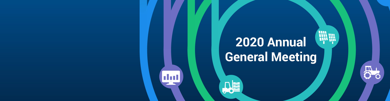 AGM 2020 The words, '2020 Annual General Meeting' surrounded by four different coloured rings accompanied by supply chain icons, over a navy gradient background.