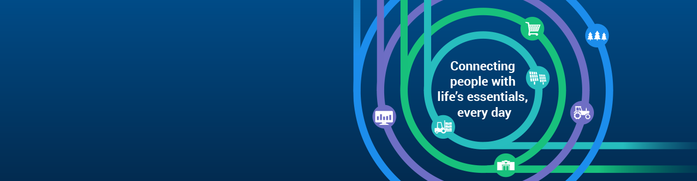 2021 Half-Year Results The words, 'Connecting people with life's essentials, every day' surrounded by four different coloured rings accompanied by supply chain icons, over a navy gradient background.