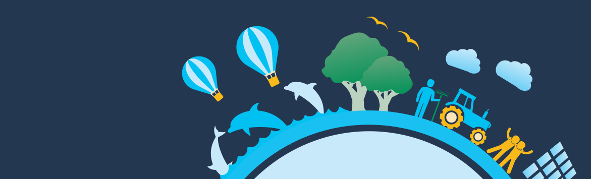 The banner image features a close-up of the 2020 Sustainability Goals Graphic (focusing on the Better Communities section) which consists of a flat, 2D illustrated of a globe. Positioned all the way around the circumference of the globe are illustrations of a town with vehicles, clouds, buildings, trees, aeroplanes and more. The graphic is situated on a midnight blue colour background.