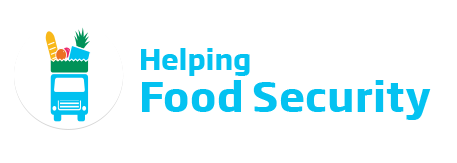 An image of the Better Communities 'Helping Food Security' logo. This text is featured in cyan beside a icon of a vehicle carrying food.