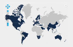 A photograph of the worldmap with highlighted locations of where Brambles as a company operates