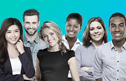 An image of a group of graduate students in black and white, over a turquoise gradient background
