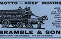 A historic image of a horse and carriage featured in a newspaper article surrounded by the words 'W. E. Bramble & Sons' and 'Our motto - keep moving'