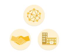 An image consisting of the three icons that represent the 3 goals within the Better Business Sector of the Brambles' Sustainability framework. These include Better Supply Chains represented through a network icon, Better Collaboration represented through a handshake icon, and Better Workplace represented through a buildings icon.