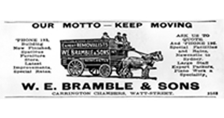A historic image of a horse and carriage featured in a newspaper article surrounded by the words 'W. E. Bramble & Sons' and 'Our motto - keep moving'