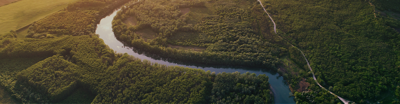 An aerial photograph of a river with the words Shaping a Sustainable Future inside a colourful circle
