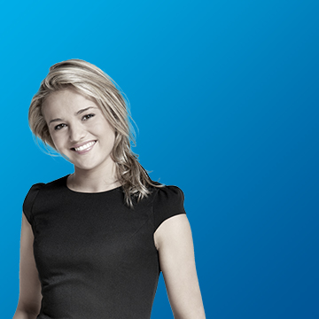 A photograph of a young white lady over a blue gradient background