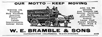 A historic image of a horse and carriage featured in a newspaper article surrounded by the words 'W. E. Bramble & Sons' and 'Our motto - keep moving'